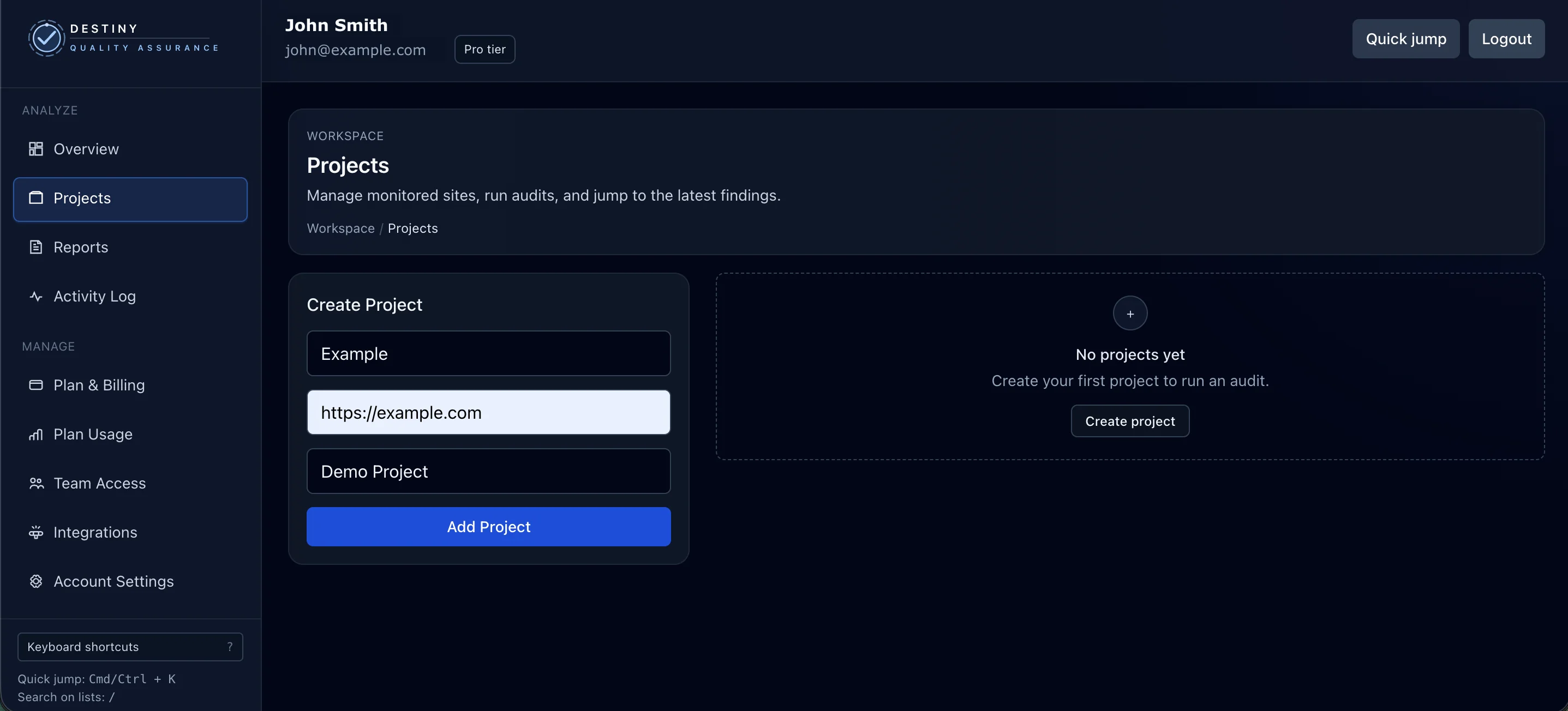 Destiny QA Projects page with the Create Project form filled in with a website name and URL, ready to add a new project.