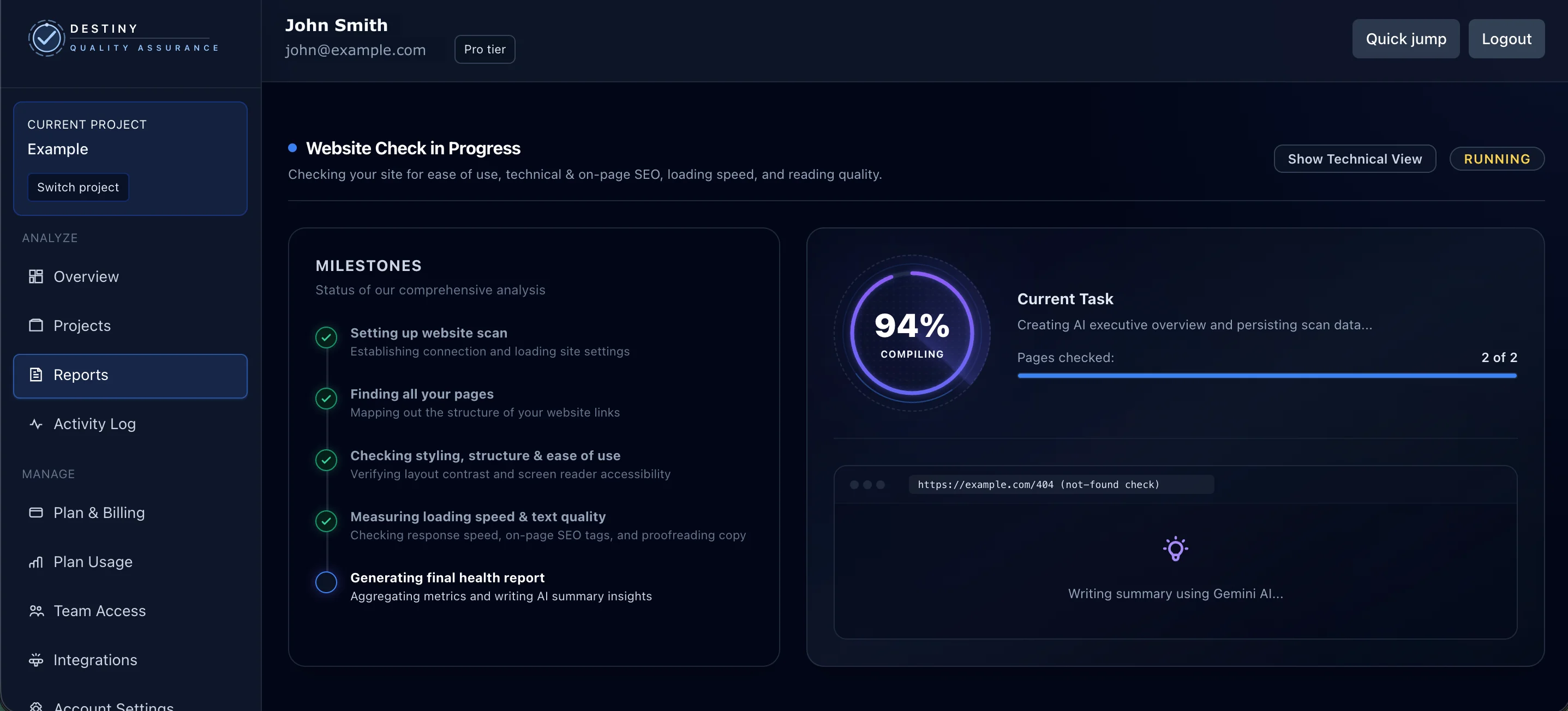 A Destiny QA audit running, showing the milestone checklist on the left and a progress dial at 94 percent while it compiles the report.