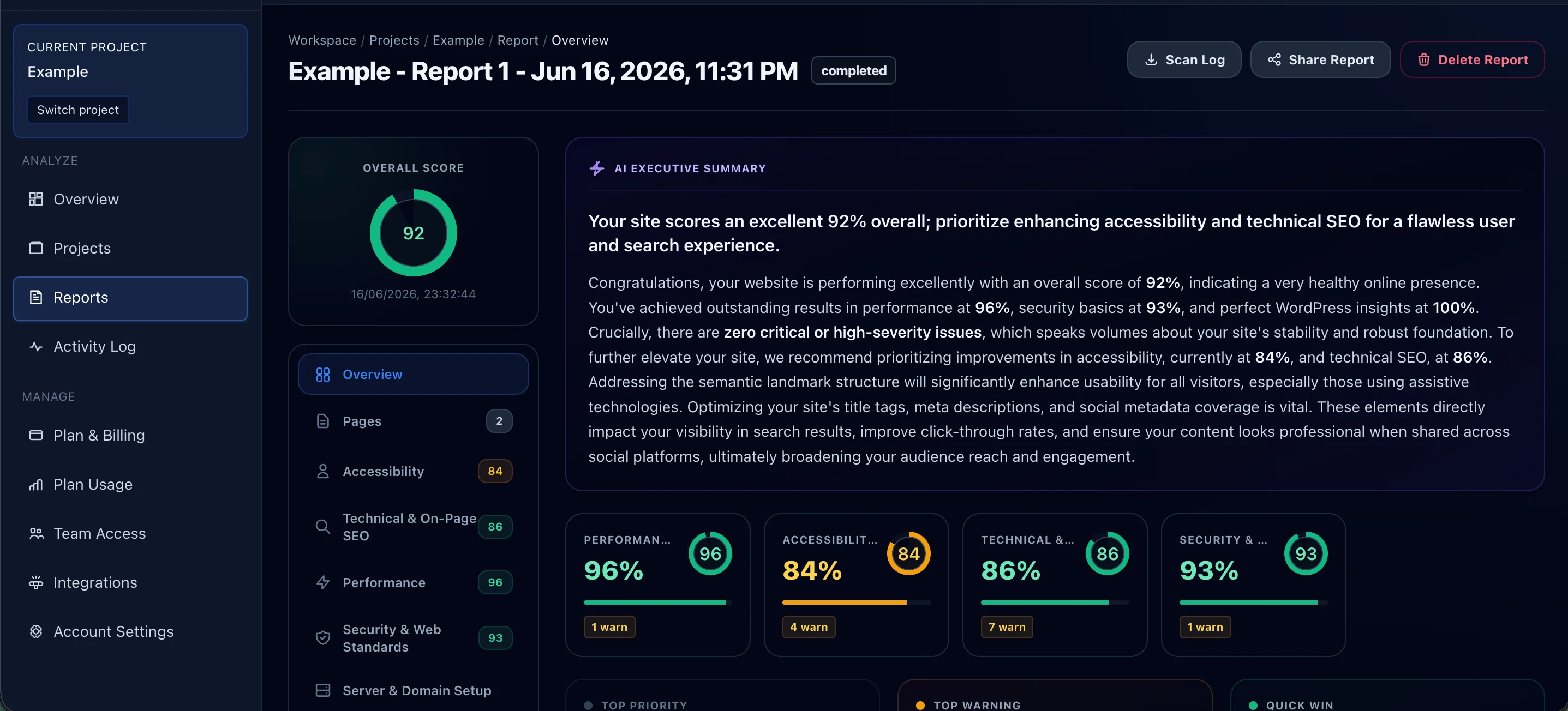 Destiny QA Report Overview: Overall score 92. Performance 96%, Security 93%, Accessibility 84%, SEO 86%. AI summary: 0 critical/high issues; recommends prioritizing accessibility and technical SEO.